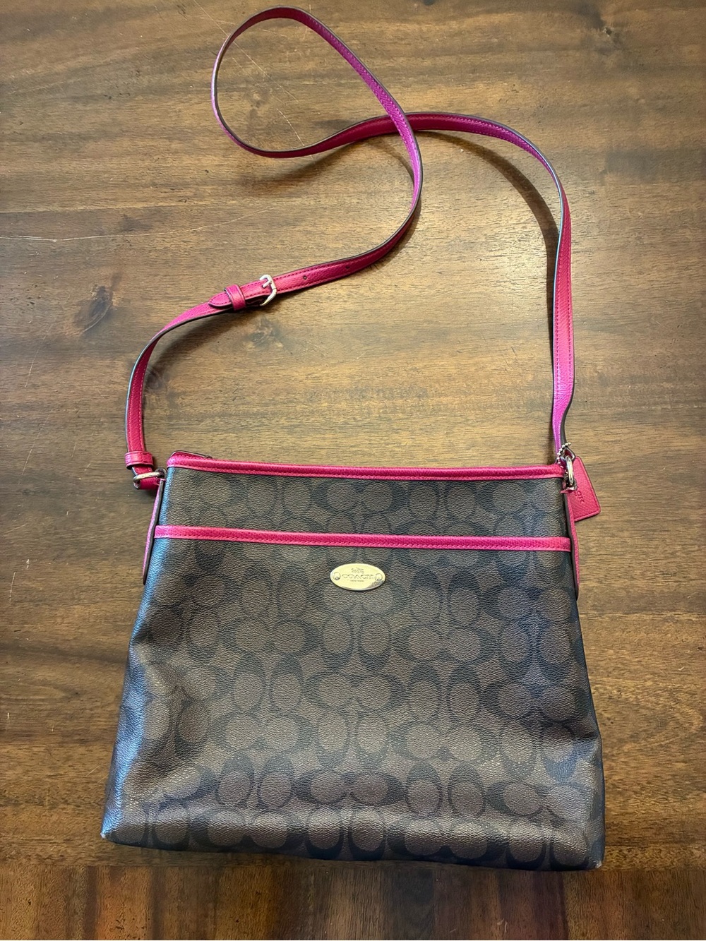Coach File Crossbody Purse Signature Canvas Pink Gold Brown Bag Minor Scratches